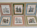 four framed pictures of people and animals in different colors