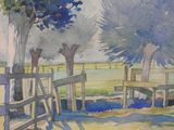 a watercolor painting of a farm scene with a fence