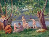 un tableau représentant un groupe de personnes nues assises dans l'herbe