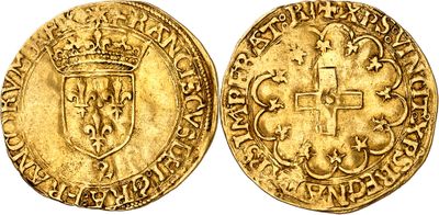 a gold coin with a cross on the front and a crown on the back