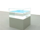 a glass display case with a blue pool inside of it
