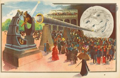 tableau représentant une foule de personnes observant un grand télescope tenu par un homme