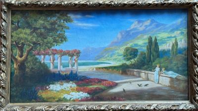 a painting of a woman walking down a path by the water
