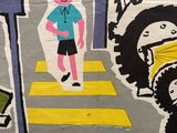 a drawing of a man walking across a crosswalk