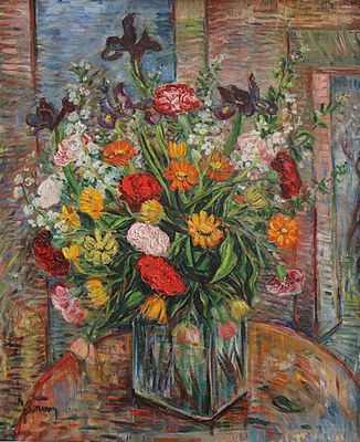 peinture d'un vase de fleurs sur une table devant une fenêtre