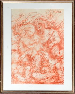 un dessin orange représentant une femme tenant un enfant dans ses bras
