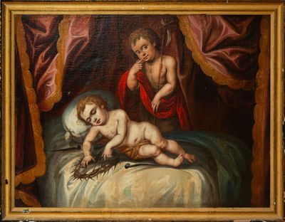 an oil painting of two children on a bed in a room
