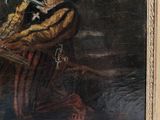 an oil painting of a man playing a saxophone on a black background