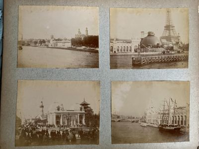 several old black and white photos of a river and a building