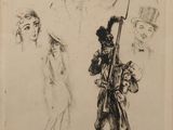 une image représentant un dessin d'un homme armé d'un fusil et d'une femme en robe
