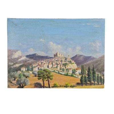 une image représentant un tableau d'une petite ville située sur une colline