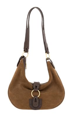 the brown purse is on a white background and has a brown handle