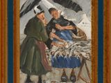 an oil painting of two women with umbrellas in the rain