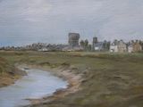 un tableau représentant une petite rivière qui traverse un champ