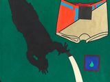 a painting on the wall of a building with an open book on it