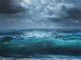 a painting of a large body of water under a cloudy sky