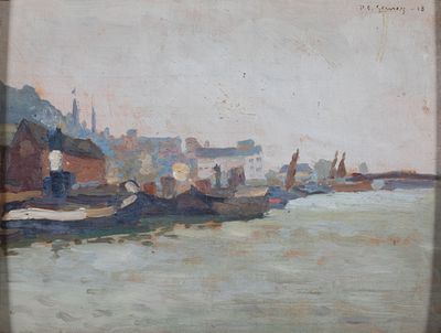 painting of boats in a harbor with buildings in the background