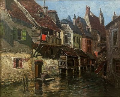 tableau représentant une scène de canal avec de vieux bâtiments et un parapluie rouge