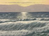 a painting of a surfer riding a wave in the ocean