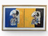 a painting of two paintings of a man and a woman on a yellow and blue background