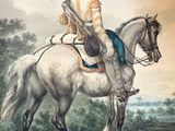 a painting of a man riding a horse in a field