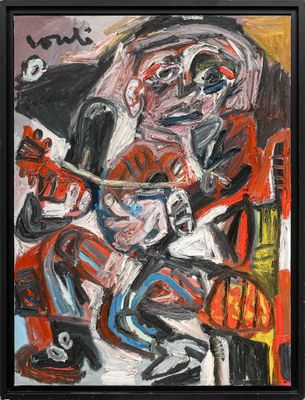 un tableau représentant un homme jouant de la guitare dans une pièce