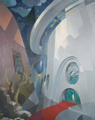 a painting on the wall of a building with a red umbrella