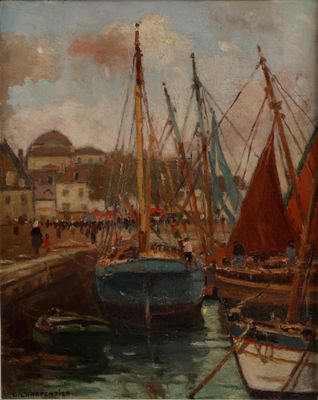 tableau représentant une scène portuaire avec des bateaux et des personnes marchant sur le quai