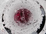 a close up of a glass of soda with a raspberry in it