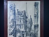 dessin représentant une scène de rue avec des bâtiments et une statue en arrière-plan