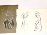deux dessins représentant une femme en robe et un dessin représentant une femme en robe