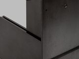 a close up of a metal shelf with a drawer underneath it