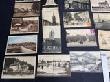 several old black and white photographs of a town and a church