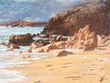 un tableau représentant une femme assise sur une plage au bord de la mer