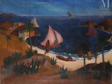 tableau représentant une scène de plage avec un bateau et des personnages
