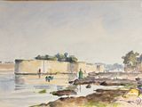 a picture of a watercolor painting of a beach