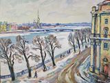 painting of a view of a snowy city with a person walking in the foreground