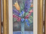a painting of flowers in a vase on a table