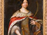 une peinture à l'huile représentant une femme coiffée d'une couronne et tenant une épée