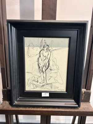 dessin encadré représentant une femme assise sur une chaise dans une pièce