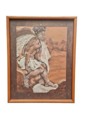 tableau représentant un homme assis sur un rocher, coiffé d'un chapeau