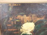 a painting of a white rose in a vase on a table