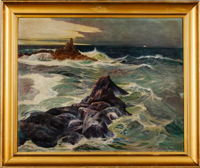 an oil painting of a rocky shore with waves crashing against the rocks