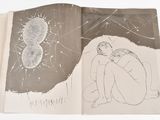 a drawing of a person sitting on the ground next to a drawing of a man