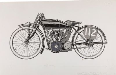 dessin d'une vieille moto avec un numéro sur la roue avant