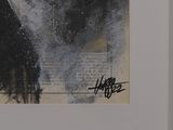 a black and white painting of a man holding a knife