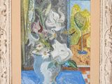 une peinture de fleurs dans un vase sur une table