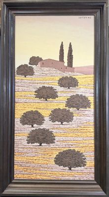 peinture représentant un paysage avec des arbres et une colline au loin