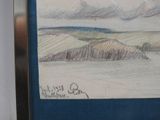 drawing of a view of a landscape with a mountain in the distance