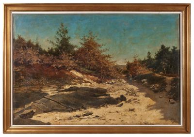 l'image d'une peinture représentant un chemin de terre avec des arbres en arrière-plan